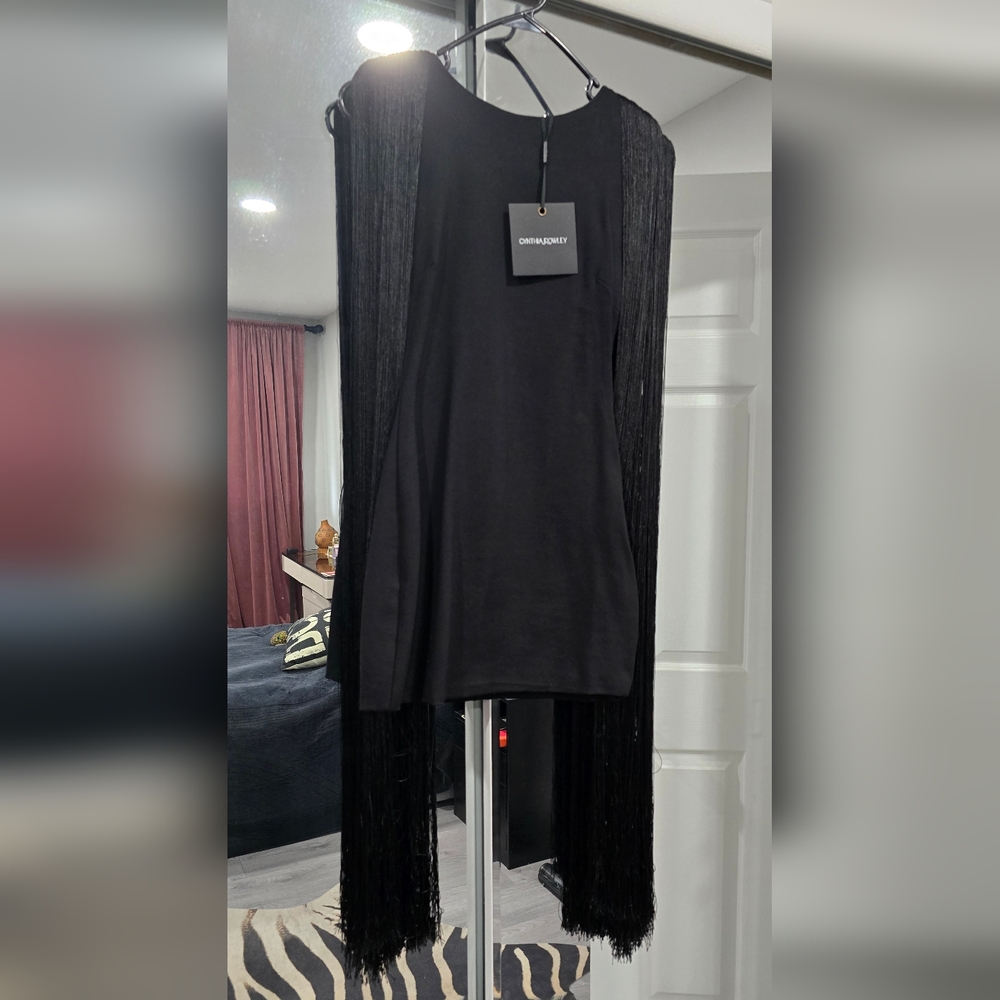 Little black dress with fringe shoulders